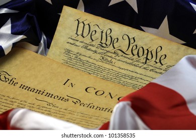 American Flag And Preamble To The Constitution Of The United States