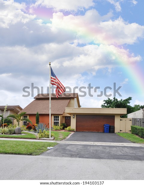 American Flag Rainbow Suburban home Residential
Neighborhood USA Blue sky
clouds
