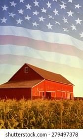 American Flag And Red Barn In A Corn Field