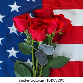 American Flag With Roses And Military Dog Tags With Text Listing Military Branches