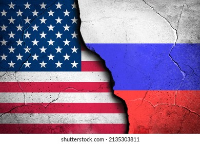 American Flag And Russian Flag Are Separated By A Large Crack. Political Conflict Between The Two Countries. The Crisis Of Two States In Foreign Policy.