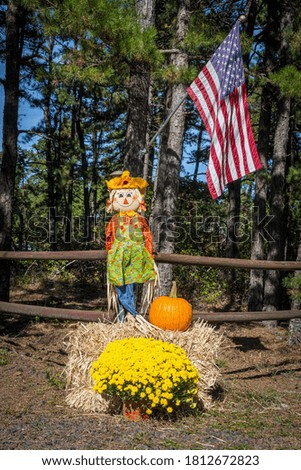 The American flag, scarecrow, pumpkin and mums make a nice Fall display in rural central New Jersey.