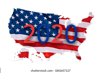 American Flag In The Shape Of A US Map Isolated On White Background, 2020 Presidential Election Concept