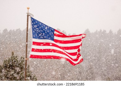 American Flag In Snow Flurry