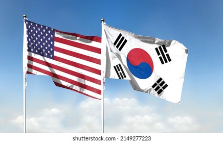 American Flag And South Korean Flag With Blue Sky. Waving Blue Sky