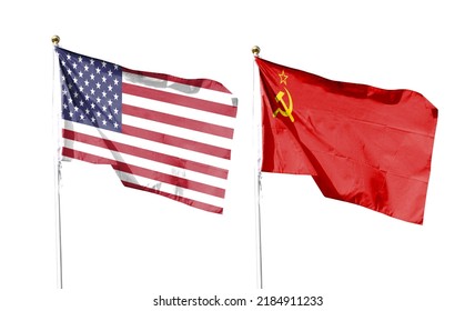 American Flag And Soviet Union Flag Isolated On White Background With Clipping Path. Close Up Of The Waving Flag. Symbol. Frame With Empty Space For Your Text.