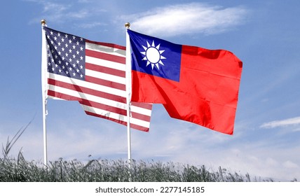 American flag with Taiwan flag on cloudy sky. waving in the sky
