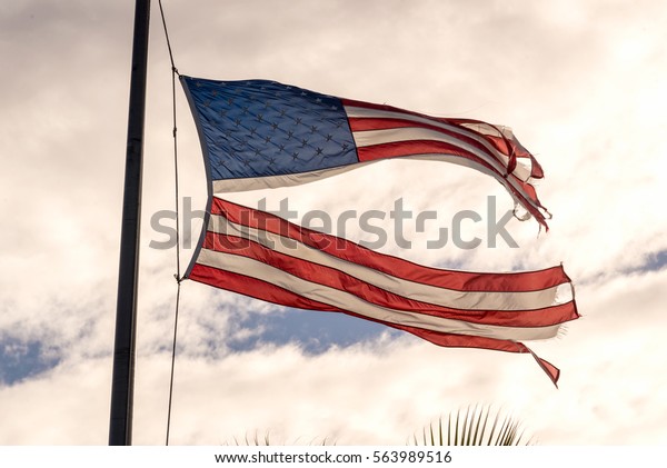 American flag torn down the middle waving in\
the wind on a cloudy sky.  Resistance.\
