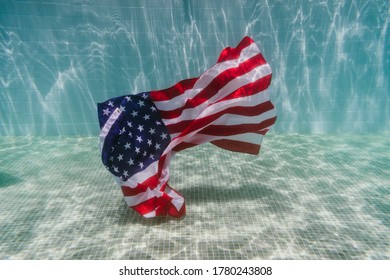 American Flag Underwater In A Pool. 4th July Concept, Independence Day. Nobody