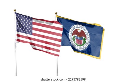 American flag and US Federal Reserve with clipping path isolated on white background. Close up of the waving flag. symbol. Frame with blank space for your text.