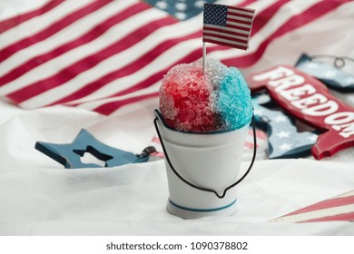 American Flag Water Ice / Memorial Day 4th Of July Tricolor  Red Blue White Food, Selective Focus