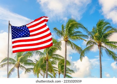 American flag waving against palm trees on blue sky background - Powered by Shutterstock