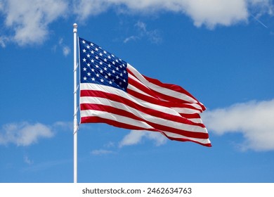 American flag waving full against blue sky                       - Powered by Shutterstock