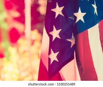 American Flag Waving In The Wind With Blue Sky And Is A Symbol Of Peace. Military Symbols Concept.