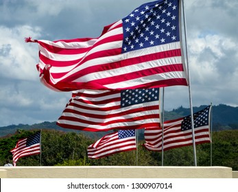 American Flags Flying Over Punchbowl Crater Memorial