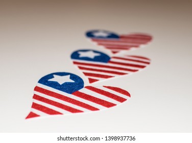 American Flags Heart Shaped. Love Icon Of The American Flags. In Memoriam Of 4th Of July With Patriotic USA Flags Heart Shaped. Lateral View