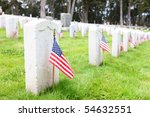 American flags on tombstones in cemetery at memorial day remembrance