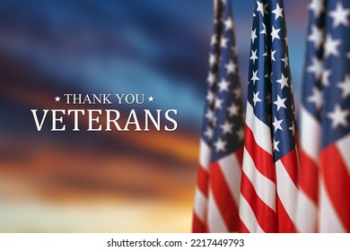 American flags with Text Thank You Veterans on sunset background.