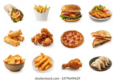 American foods collection. Menu of fast foods set. Taco, fries, hamburger, spring rolls, chicken wings, pepperoni pizza, grilled sandwich, potato chips, cheese sticks, fried chicken, dumplings.