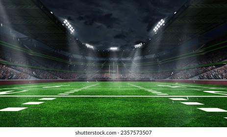 American football arena with yellow goal post, grass field and blurred fans at playground view. 3D render. Flashlights. Concept of outdoot sport, football, championship, match, game space