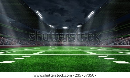 American football arena with yellow goal post, grass field and blurred fans at playground view. 3D render. Flashlights. Concept of outdoot sport, football, championship, match, game space