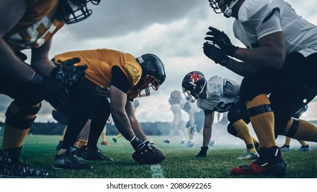 American Football Championship. Teams Ready: Professional Players, Aggressive Face-off, Ready For Pushing, Tackling. Competition Full Of Brutal Energy, Power. Shot With Dramatic Light