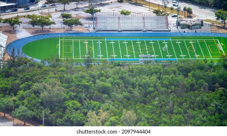 American Football Field Aerial View From Helicopter