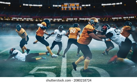 American Football Field. Two Teams With Professional Players, Fight For Ball And Score, Aggressive Face-off, Tackle, Pass. Warrior Competition Full Of Brutal Energy, Power, Skill.