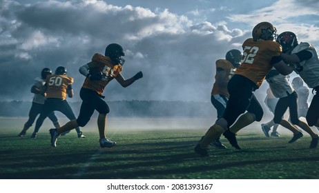 American Football Field Two Teams Play: Successful Player Running Around Defense Players To Score Touchdown Points. Professional Athletes Compete For The Ball, Fight For Victory.