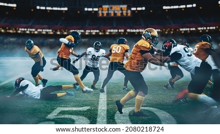 American Football Field. Two teams with Professional Players, Fight for Ball and Score, Aggressive Face-off, Tackle, Pass. Warrior Competition Full of Brutal Energy, Power, Skill.