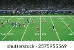 American Football Game with Athletes in Red and Blue Gear Sprinting Across the Turf, Coordinating Offensive and Defensive Strategies With Speed and Power