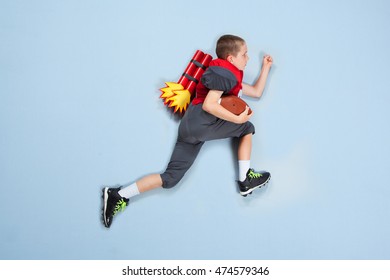 American Football Kid With Rocket Booster Backpack