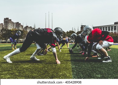 American football line of scrimmage, ground view 