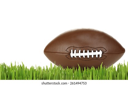 American Football On Green Grass, Isolated On White