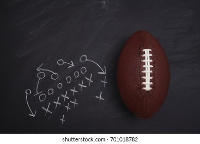 American Football And Play Diagram On A Chalkboard. Top View With Copy Space.