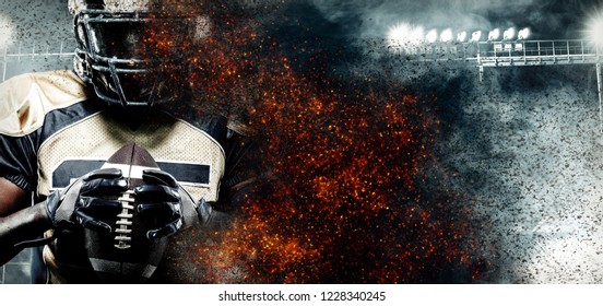 American Football Player, Athlete In Helmet On Stadium In Fire. Sport Wallpaper With Copyspace On Background.
