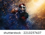 American football player, athlete sportsman on golden background. Sport and motivation wallpaper. Game winner. Sports betting. Bets in the mobile application.