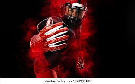 American football player, athlete sportsman in red helmet on stadium background. Sport and motivation wallpaper.