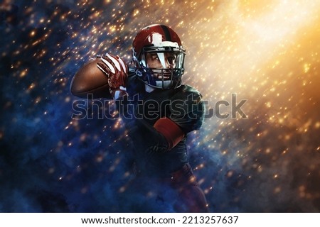 American football player, athlete sportsman on golden background. Sport and motivation wallpaper. Game winner. Sports betting. Bets in the mobile application.