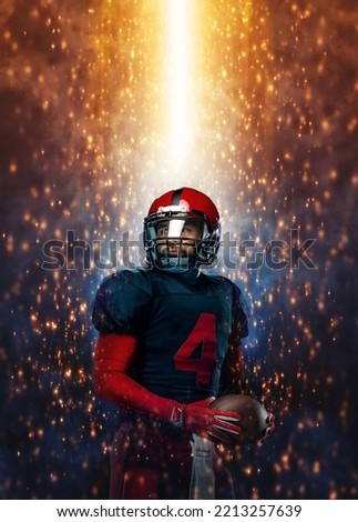 American football player, athlete sportsman in red helmet on stadium background. Sport and motivation wallpaper. Sports betting. Bets in the mobile application.