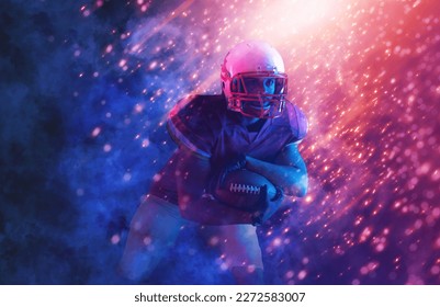 American football player banner with neon colors. Template for bookmaker ads with copy space. Mockup for betting advertisement. Sports betting, football betting, gambling, bookmaker, big win - Powered by Shutterstock