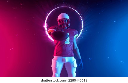 American football player banner in neon lights. Template for bookmaker ads with copy space. Mockup for betting advertisement. Sports betting, football betting, gambling, bookmaker, big win - Powered by Shutterstock