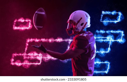 American football player banner with neon colors. Template for social media ads with copy space.