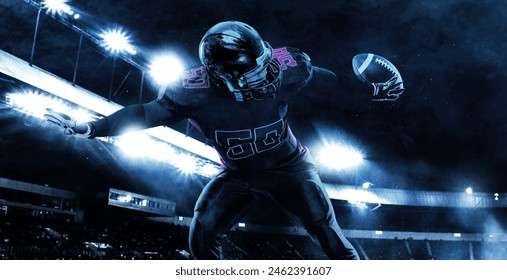 American football player banner on stadium background. Template for bookmaker ads with copy space. Mockup for betting advertisement. Sports betting, football betting, gambling, bookmaker, big win - Powered by Shutterstock