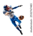 American football player catches the ball and flies in the air. Sportsman in action. Isolated on white background