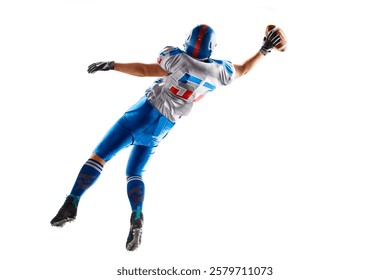 American football player catches the ball and flies in the air. Sportsman in action. Back view. Up. American football. Isolated on white background. Sport