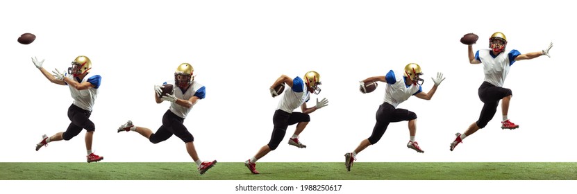 American football player isolated on white studio background with copyspace. Professional sportsman during game playing in action, motion. Concept of sport, movement, achievements, attack development. - Powered by Shutterstock