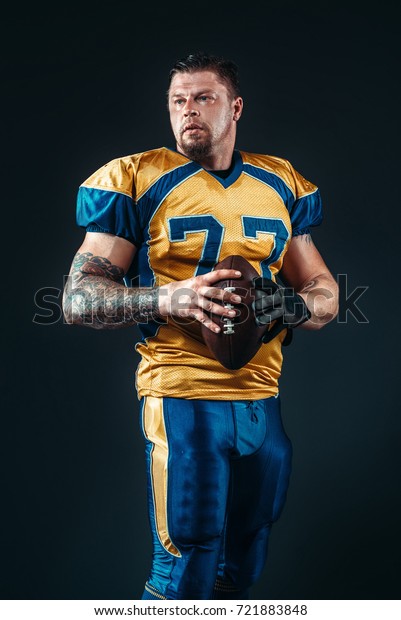 American Football Player Poses Ball Hands Stock Photo Edit