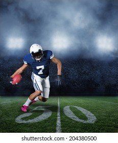 American Football Player Running With The Ball In A Large Stadium