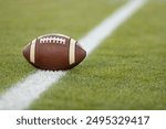 American football resting on a first down line during an American football game. The ball is ready to be snapped to start a new play. Lots of copy space	